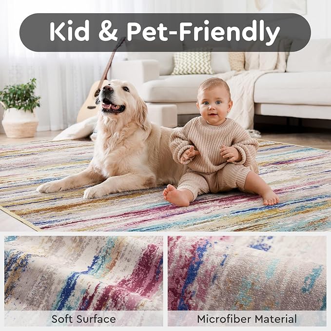 tchdio 3x5 Area Rugs for Living Room, Machine Washable Rug Entryway Door Rug Abstract Non Slip Small Bedside Rugs, Soft Indoor Carpet for Bedroom Office Dorm, Multi Color