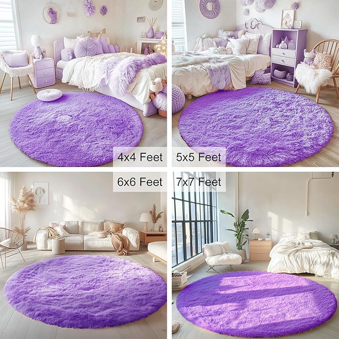 OLANLY Purple Round Rugs for Bedroom - Machine Washable, 7x7 Feet Circle Area Rugs for Living Room, Soft and Fluffy Shaggy Carpet for Teen Girls and Boys, Dorms, Nursery Rooms, Home Decor Aesthetic