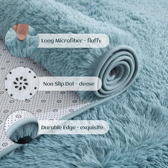 YJ.GWL Fluffy Runner Rugs for Bedroom Living Room Soft Shag Teal Rug 2x6 Feet, Turquoise Green Plush Carpet Non Slip for Nursery Dorm, Fuzzy Bedside Rug for Kids Boys Girls Room Home Decor