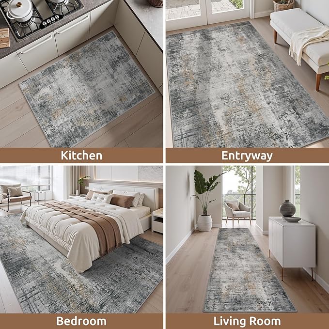 2 x 3 Small Area Rug Indoor Entryway Rug Machine Washable Non Slip Low Pile Carpet Modern Abstract Rugs for Bedroom Kitchen Powder Room Front Porch Bathroom, Grey