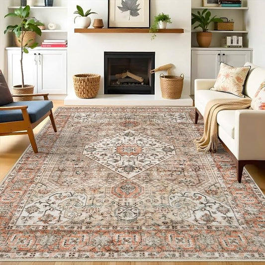 Washable 8x10 Large Area Rug: Oriental Stain Resistant Rugs for Living Room Medallion Non-Slip Carpet for Dining Room Soft Distresses Floor Mat for Bedroom Home Office 8x10 Orange/Brown