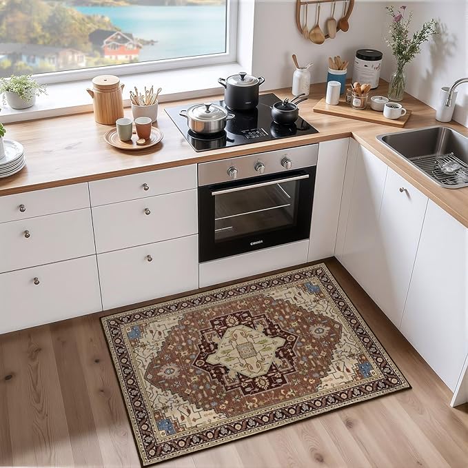 2x3 Mousse Brown Small Area Rug for Entryway, Soft Washable Rugs with Non-Slip Backing for Bedroom Kitchen, Vintage Throw Carpet Laundry Entry Front Door Decor