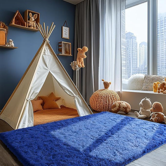 Zentavio Boys Rugs for Bedroom Blue 5x8 Large Carpet Nursery Aesthetic Kids Playroom Navy Area Rugs for Teen Home Decor Fluffy Shag Bedside Floor Living Room Carpet