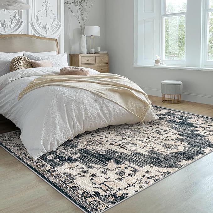4x6 Area Rugs Washable Rug: Large Vintage Living Room Rug with Non-Slip Backing Low Pile Rugs Soft Indoor Floor Thin Carpet Non Shedding Neutral Carpets for Bedroom Dining Room Farmhouse Nursery Black