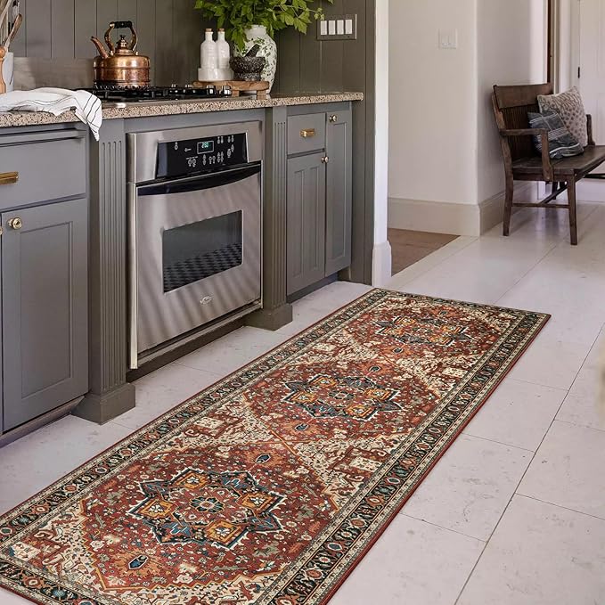 Moynesa Ultra-Thin Washable Runner Rug - 2x6 Non-Slip Hallway Runner Rug Laundry Room Mat, Vintage Stain Resistance Low Pile Bedroom Carpet Runner for Kitchen Entryway Indoor Bathroom Floor, Brown