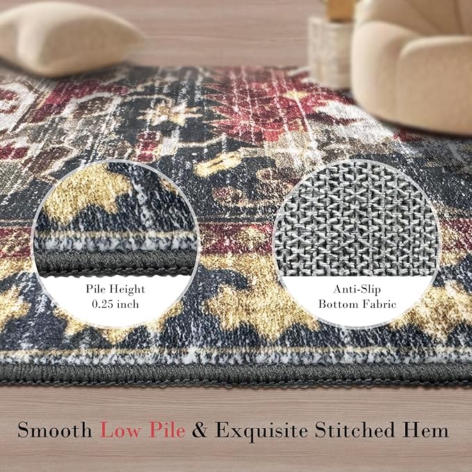 Washable Area Rugs - Perfect for Living Room, Bedroom, Kids Room, Nursery - Stain & Water Resistant Non-Slip, Pet & Child Friendly, Vintage Tribal Area Rugs (Rust, 2'6'' x 8')