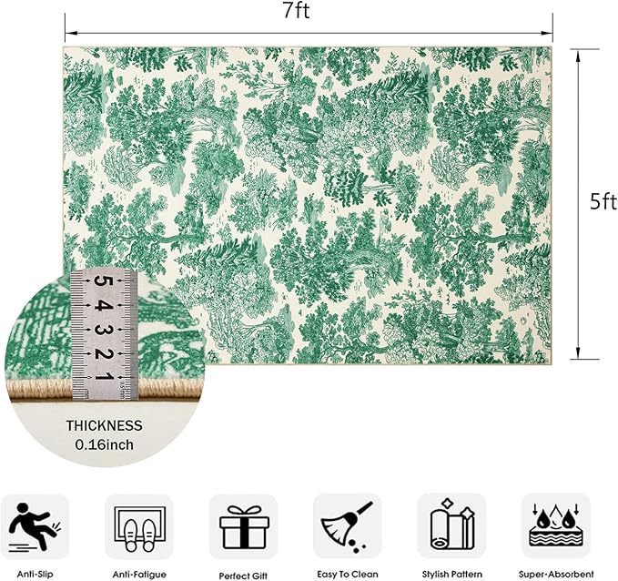Vintage Botanical Entryway Rug Washable, Thin Pile Country Rustic Nature Plants 5x7 Indoor Rug Carpet Stain Resistant, Cute Green Woodland Forest Area Rug for Bedroom Dining Living Room Kitchen