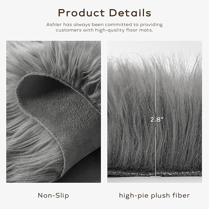 Ashler Faux Fur Rug - Fluffy Shaggy Area Rug, Ultra Soft 3x3 Feet, Dark Grey, Machine Washable, Perfect for Nursery, Bedroom, Living Room