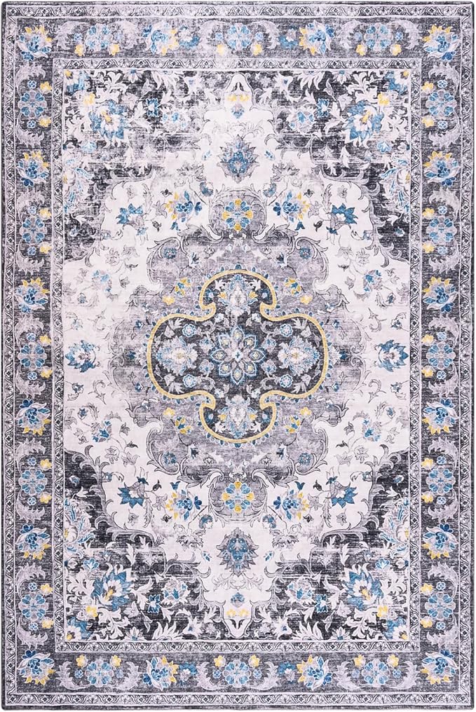 4x6 Area Rugs for Living Room, Foldable Machine Washable Rug, Soft Low Pile Non-Slip Vintage Floral Rug, Carpet for Bedroom, Dining Room, Bedside, Farmhouse, Office, Dorm (Gray, 4'×6')