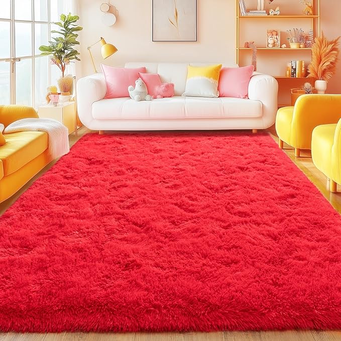 Red Area Rugs 4x6 for Bedroom Living Room, Non-Slip Fluffy Shag Floor Carpet, Shaggy Soft Plush High Pile Modern Indoor Rug for Girls Kids Baby Nursery Room Decor