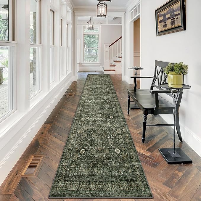 Morebes Vintage Carpet Runners for Hallway 12ft,Washable Extra Long Runner Rug for Entryway Indoor Non-Slip,Distressed Retro Soft Throw Rug for Kitchen Farmhouse Dining Room, Dark Green