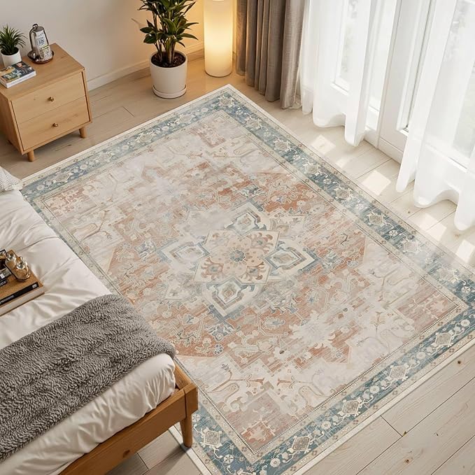 3x5 Orange Washable Entryway Rug, Non Slip Boho Runner Rugs for Hallway, Entrance, Kitchen, Bathroom, Laundry Room, Soft Entryway Carpet, Throw Low Pile Retro Imitation Wool Carpet, Coral