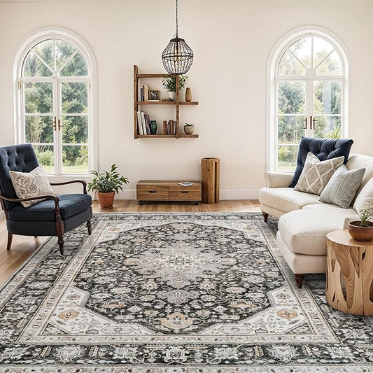 Washable Area Rug - 8x10 Bedroom Living Room Large Indoor Rugs Soft Oriental Vintage Rugs Non-Slip Backing Stain Resistant for Farmhouse Kitchen (8x10 Black/Ivory)