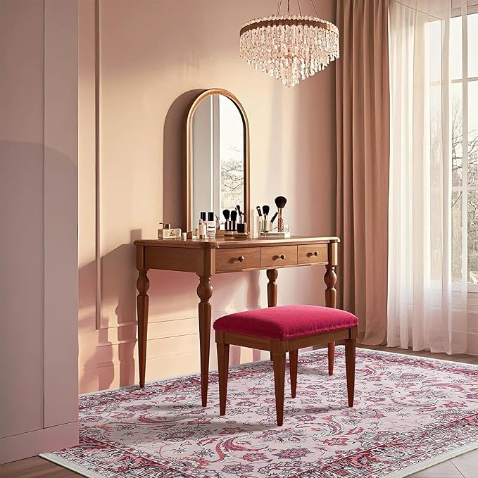 Area Rugs for Living Room, Washable 5x7 Area Rug for Bedroom, Floral Non-Slip Carpet for Nursery Home Office Dining Room Kitchen, Pink and White