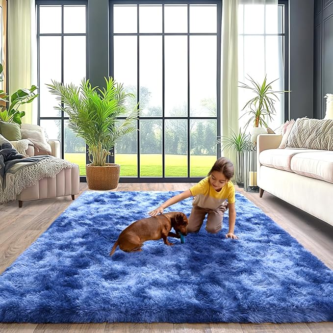 Plush Rugs for Living Room, Soft Shaggy Carpets for Living Room, Upgrade Anti-Skid Fuzzy Rugs for Kids' Room, Perfect Decor for Modern Home Tie Dye Blue 5x7 Feet