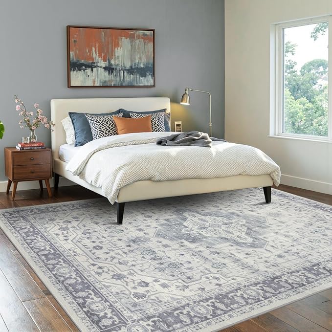 5X7 Washable Area Rug for Living Room, Vintage Large Boho Rugs for Office, Dining Room, Kids Room, Farmhouse, Durable Low Pile Non Slip Carpet for High Traffic Areas, Blue Quartz