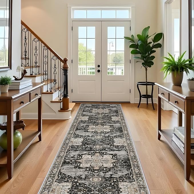 RUUGME Hallway 3x16 Runner Rug - Large Boho Rugs for Living Room Stain Resistant Carpet Vintage Tribal Rugs for Bedroom Kitchen Non Slip Backing Home Decor Floor Decoration Mat 3x16 Black