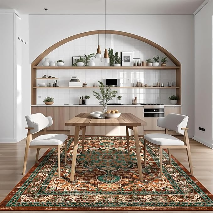 U'Artlines Boho Vintage Area Rug 5x7 Machine Washable Low Pile Ultra-Thin Soft Floor Carpet Non Slip Non Shedding Accent Rug for Living Room Bedroom Entryway Dining Room Office(Rust＆Teal)