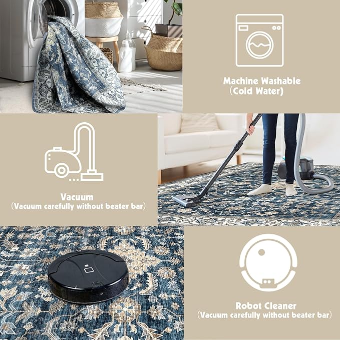 Vintage Ultra-Thin Distressed Medallion Rug, 4x6 Washable Low-Pile for Bedroom, Dining, Entryway, Bathroom, Living Room