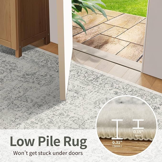 4x6 Washable Area Rug for Living Room, Neutral Vintage Boho Rugs for Office, Dining Room, Kids Room, Farmhouse, Durable Low Pile Non Slip Carpet for High Traffic Areas, Light Grey