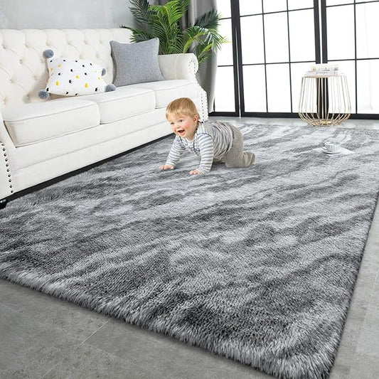 TWINNIS Super Soft Shaggy Rugs Fluffy Carpets, 4x5.9 Feet, Indoor Modern Plush Area Rugs for Living Room Bedroom Kids Room Nursery Home Decor, Upgrade Anti-Skid Rectangular Fuzzy Rug, Grey Black