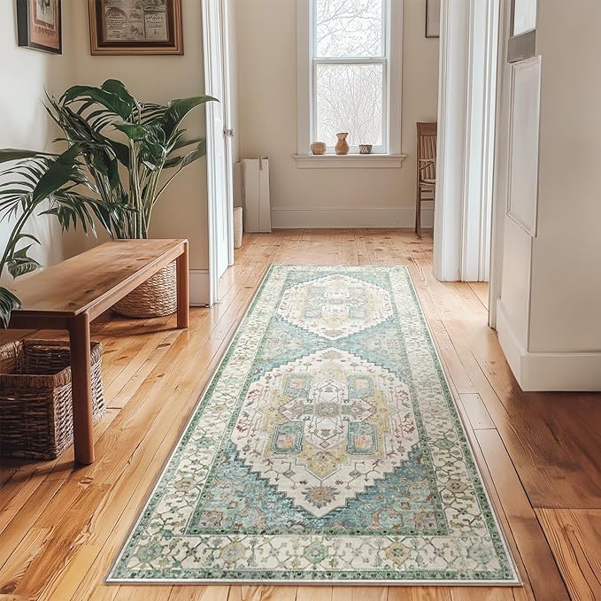 Washable 2x6 Area Rugs, Rugs for Living Room, Low-Pile Water&Stain Resistant Carpet Vintage Distressed Printed Non-Slip Carpet for Bedroom Bathroom Kitchen-Grass Green