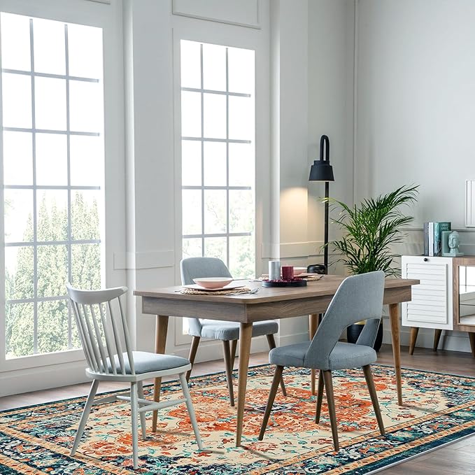 U'Artlines Boho Vintage Area Rug 5x7 Machine Washable Low Pile Soft Floor Carpet Non Slip Non Shedding Accent Rug for Living Room Bedroom Entryway Dining Room Office Orange/Multi