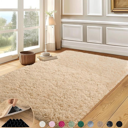 5x7 Rugs for Living Room, Large Fluffy Area Rugs for Bedroom, Soft Carpet Shag Kids Rug with 4 Non-Slip Rug Pads (Light Tan, 5ft x 7ft)