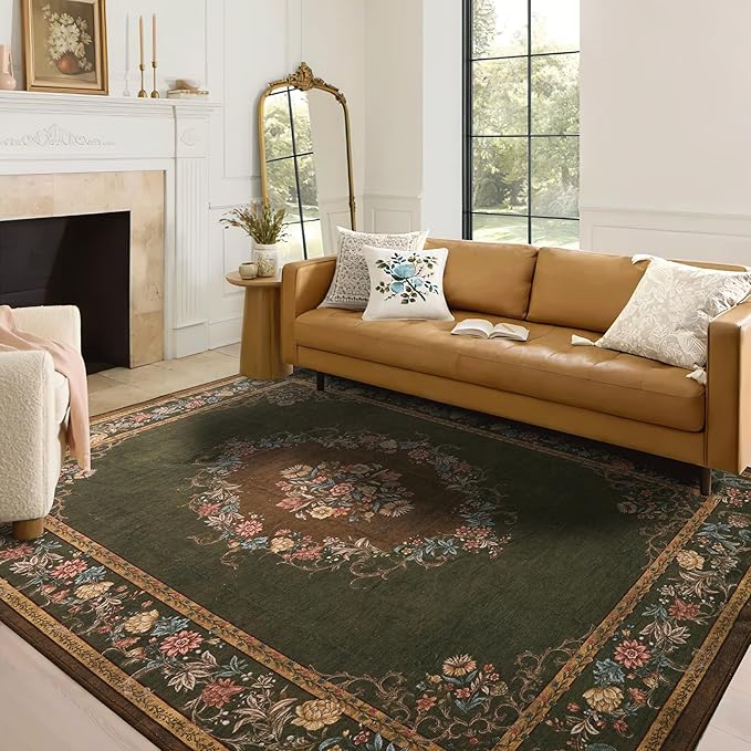 RYB HOME Stain Resistant Kitchen Rug Machine Washable, Floral Vintage Entrance Door Mat Carpet, Soft Wool Non Slip for Hallway Bathroom Laundry Foyer, 2x3ft