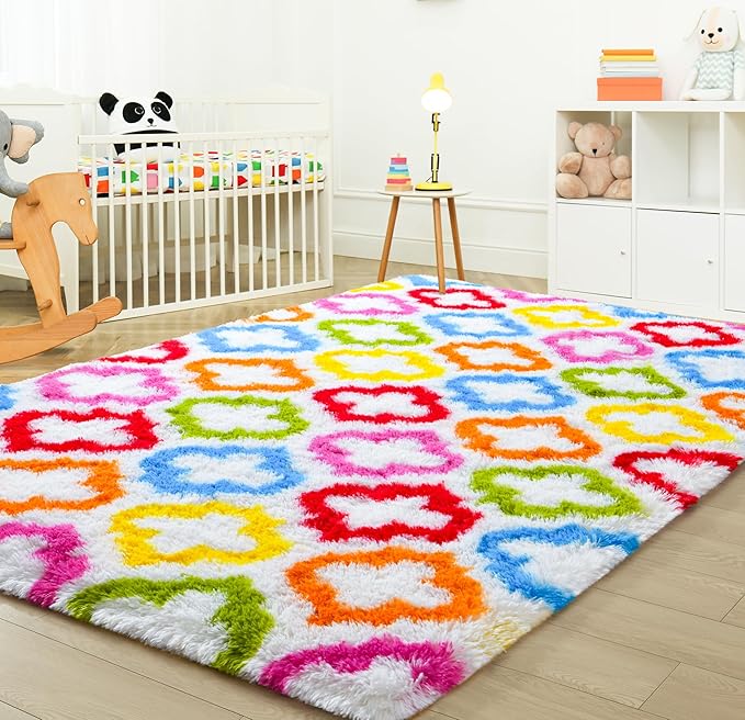 Tepook Fluffy Colorful Rug for Kids, Shaggy Soft Rainbow Area Rugs for Girls Bedroom, Indoor Modern Geometric Moroccan Rugs Plush Girls Kids Rug for Playroom Teens Room Nursery Home Decor, 4 X 6 ft