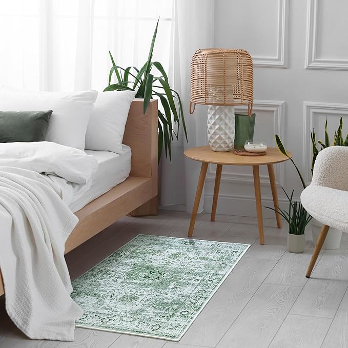 Keeko Small Rugs for Entryway, 2x3 Living Room Area Rug Vintage Door Mat Accent Bedroom Bedside Rug Indoor Low Pile Retro Non Slip Front Door Print Throw Rugs for Kitchen Laundry Room Decor Green