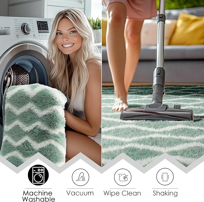RUGTUDER Soft Shaggy Rugs for Bedroom, Washable 4x6 Fluffy Chevron Rug for Living Room, Non-Slip Plush Floor Striped Rug for Girls Kids Room Teens Dorm Nursery Classroom Playrom, Sage Green and White
