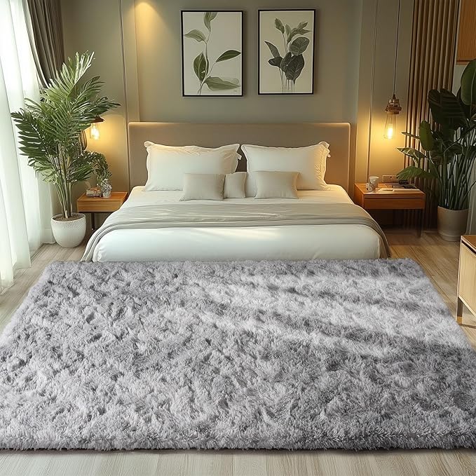 Zentavio Grey and White Area Rugs for Living Room Large Men Room Carpet 6x9 Bedroom Fluffy Furry Shag Aesthetic Plush High Pile Floor Rug for Kids Room Dorm Home Decor Tie-Dyed Grey White