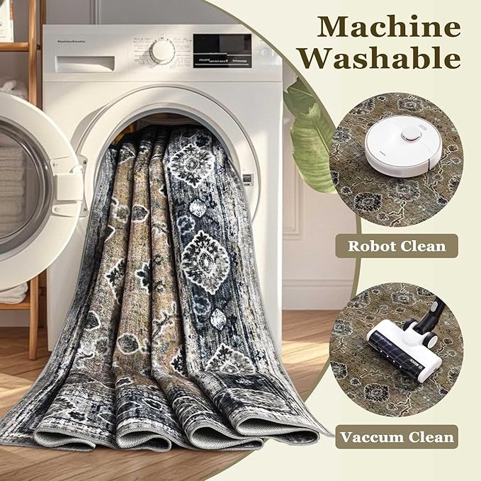 3x5 Washable Area Rugs for Living Room Stain-Resistant Bedroom Rug with Non-Shedding &Slip Faux Wool,Vintage Floral Aesthetic Carpet Foldable for Indoor Dining Room
