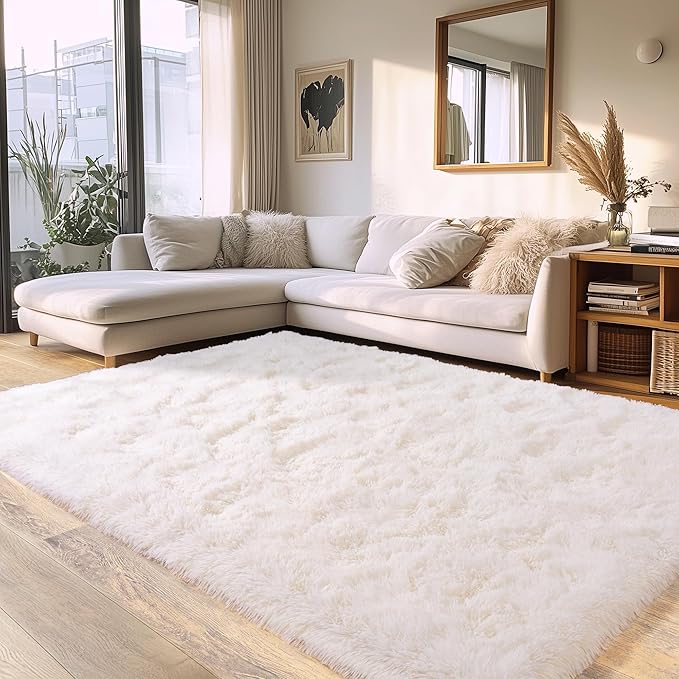 White Fluffy Rug for Bedroom 5x7 ft - Ultra Soft & Non Slip Shaggy Area Rug, Comfy Durable Carpet for Living Room Kids Room Teens Dorm Home Decor, 1.7'' Thick Indoor Plush Carpets