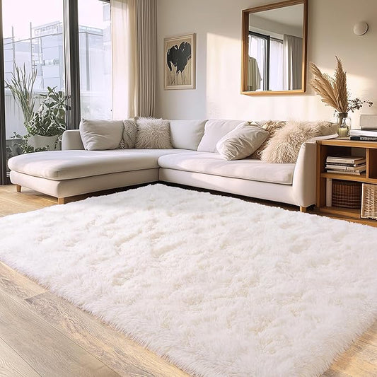 White Fluffy Rug for Bedroom 6x9 ft - Ultra Soft & Non Slip Shaggy Area Rug, Comfy Durable Carpet for Living Room Kids Room Teens Dorm Home Decor, 1.7'' Thick Indoor Plush Carpets