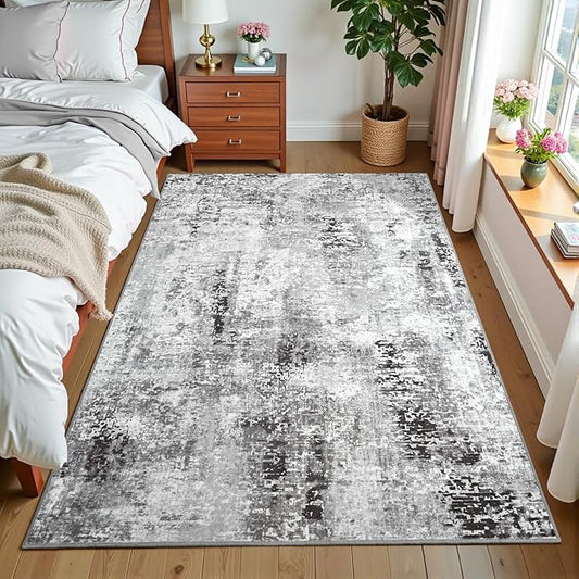 3x5 Dark Grey Washable Area Rug for Living Room Bedroom, Modern Abstract Non-Slip Rugs, Low Pile Soft Stain Resistant Carpet for Dining Room, Kitchen, Office, Dorm, Bedside Decor