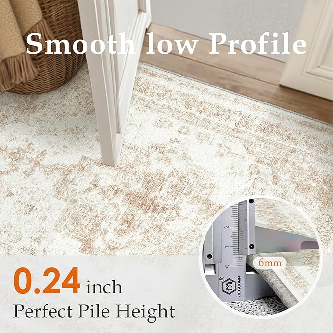 Washable Rug 10x12 Area Rug for Living Room Beige Vintage Boho Medallion Large Distressed Retro Carpet Non Slip Indoor Low Pile Small Soft Bedroom Dining Room Home Office