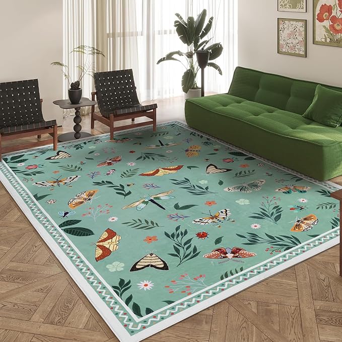 ASPMIZ Insect Area Rug 3X5, Green Bedroom Rug Non Slip, Spring Summer Washable Rug Farmhouse Butterfly Living Room Rugs Low Pile, Soft Faux Wool Throw Carpet for Entryway, Office, Nursery, Green