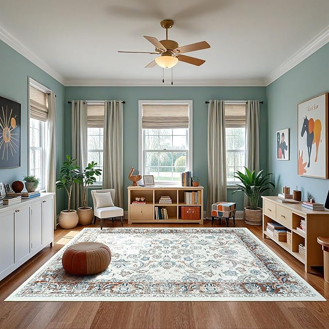 Area Rugs for Living Room, 4x6 Washable Rugs for Bedroom, Non-Slip Floral Carpet for Entryway Office Kitchen Dining Room, Brown and White