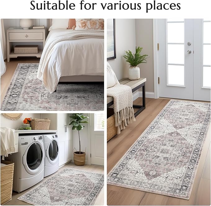 jinchan Area Rug 4x6 Entryway Washable Rug Soft Thin Vintage Low Pile Non Slip Distressed Carpet Indoor Doormat Oriental Medallion Rug for Bedside Bathroom Bedroom Laundry Room Dining Room Grey Multi