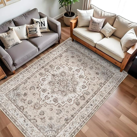 Washable 5x7 Living Room Rug: Oriental Non-Slip Area Rugs for Bedroom Non Shedding Accent Farmhouse Dining Room Carpet Soft Low Pile Mat for Nursery Room Home Office 5x7 Cream/Beige