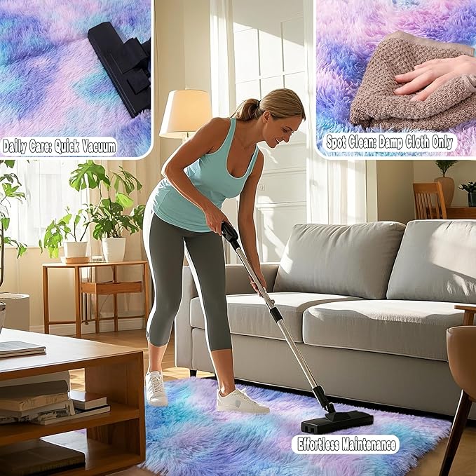 Purple Rainbow Fluffy Rug for Bedroom 8x10 ft Large - Ultra Soft & Non Slip Shaggy Area Rug, Comfy Durable Carpet for Living Room Kids Room Teens Dorm Home Decor, 1.7'' Thick Indoor Plush Carpets