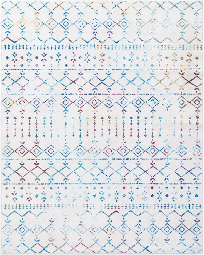 Carvapet Rugs for Living Room, Soft Modern Boho Low Pile Large Carpet with Rubber Backing, Foldable, Non Slip Machine Washable (12 x 9 Feet Rectangular, Colorful Area Rug)