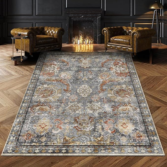 Washable Area Rugs - Perfect for Living Room, Bedroom, Kids Room, Nursery - Stain & Water Resistant Non-Slip, Pet & Child Friendly, Vintage Tribal Area Rugs (Turmeric and Grey, 9' x 12')