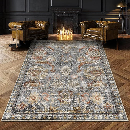 Washable Area Rugs - Perfect for Living Room, Bedroom, Kids Room, Nursery - Stain & Water Resistant Non-Slip, Pet & Child Friendly, Vintage Tribal Area Rugs (Turmeric and Grey, 4' x 6')