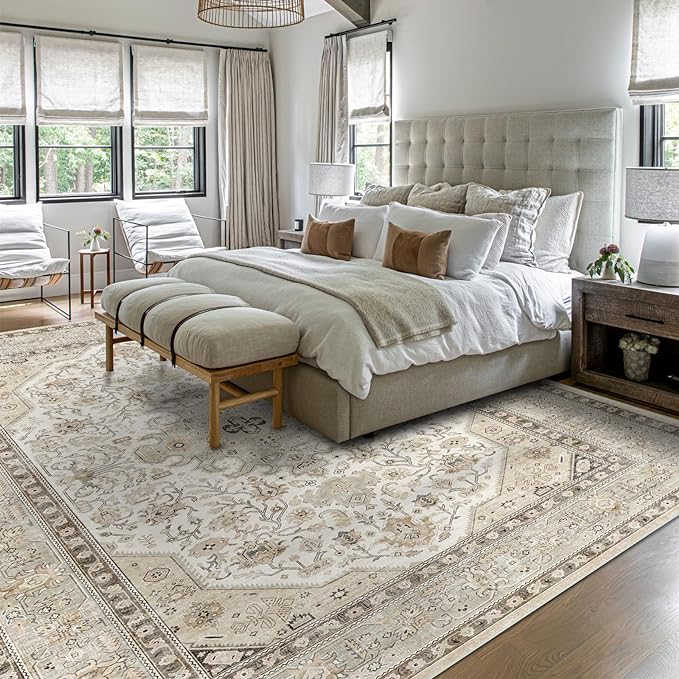 Washable Area Rug 9x12 - Bedroom Living Room Large Indoor Rugs Soft Oriental Vintage Rugs Non-Slip Backing Stain Resistant for Farmhouse Kitchen (9x12 Ivory/Multi)