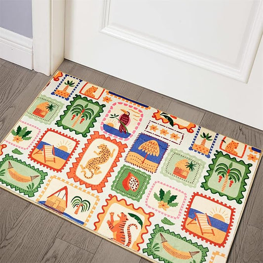 Tropical Poster Rug Washable, Modern Abstract Jungle Animals Summer Botanical Coastal Bathroom Rugs Non Slip, Green and Orange Cute Aesthetic 2x3 Throw Area Rugs for Bedroom Entryway Indoor Doormat