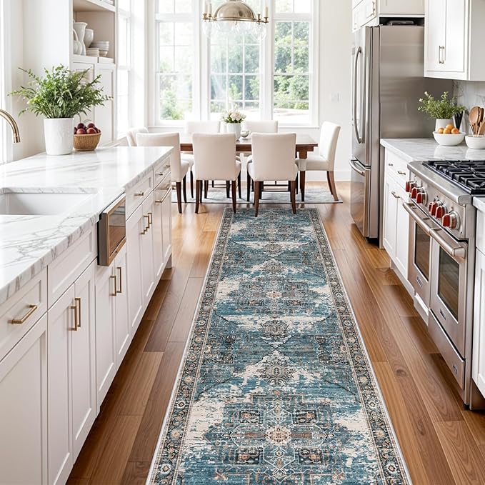 RUUGME Washable 3x12 Runner Rug - Boho Rugs for Living Room Stain Resistant Carpet Vintage Tribal Rugs for Bedroom Kitchen Bathroom Non Slip Backing Decor Floor Decoration Mat 3x12 Blue