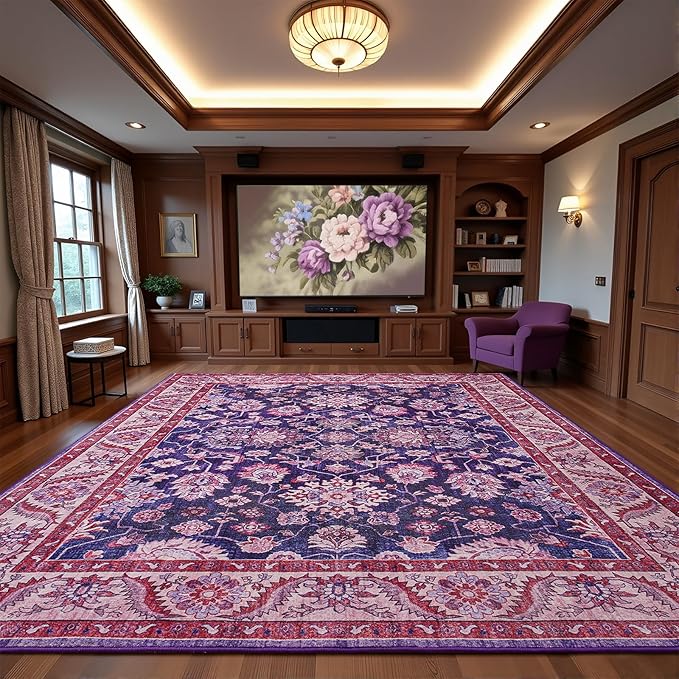 Area Rugs for Living Room, 6x9 Washable Area Rug for Bedroom, Retro Floral Non-Slip Carpet for Nursery Home Office Dining Room Kitchen, Blue and Purple